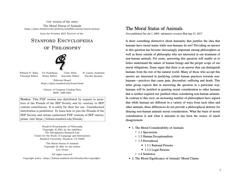 Friends of the SEP Society - Preview of The Moral Status of Animals PDF